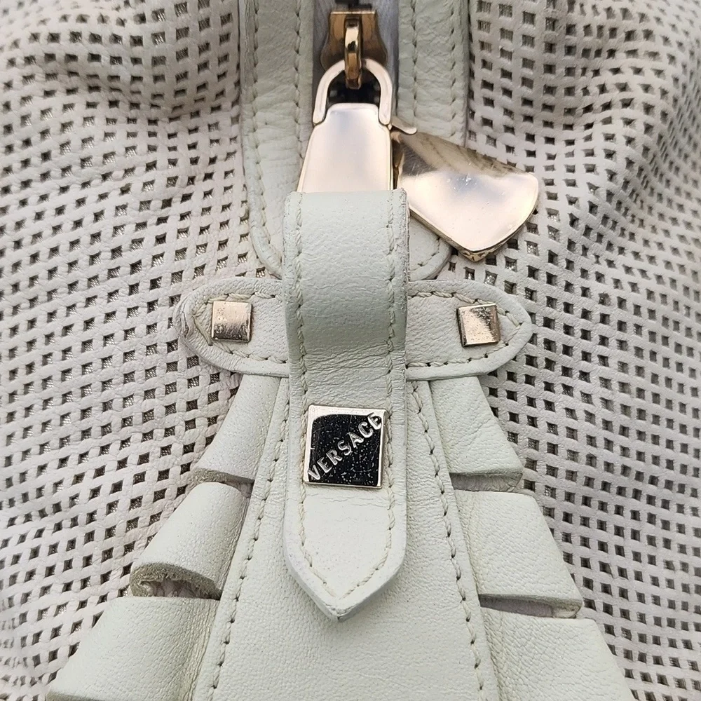 Versace Perforated Beige and Gold Leather Dome Shaped Satchel